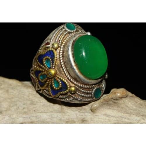 Rare Old Old China silver&one piece &Jade & green Gem ring