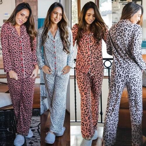 Leopard Printed Home Suit For Women Tracksuit Winter 2020 Pajamas Tops And Pants 2 Piece Sets Plus Size Outfits Homewear Clothes