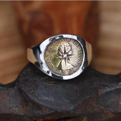 New Handmade Ray Point Diamond Coin Silver Ring Elizabeth Brass Coin Trend