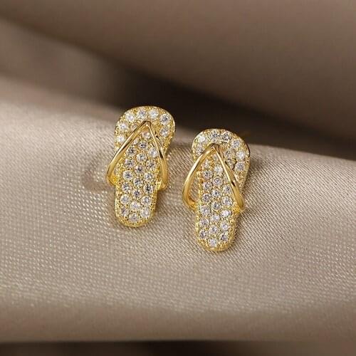 Funny Lovely Simulation Slipper Stud Earrings for Women Girls Cute Fashion Summer Casual Gold Earrings Full Crystal Jewelry