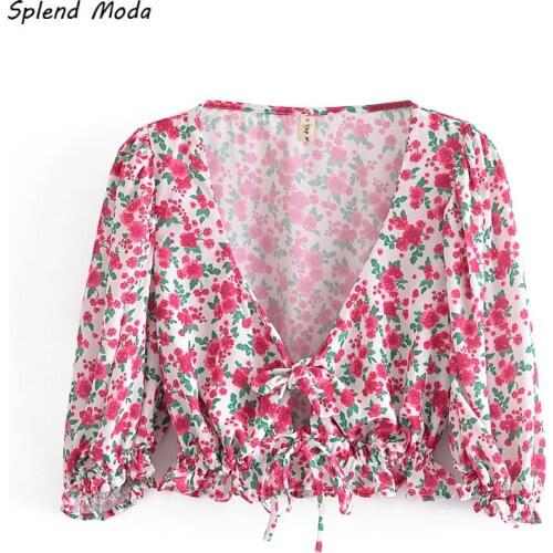 Splend Moda 2021 Summer Print Sexy Deep V-Neck Low-Cut Lace-Up Ruffled Puff Sleeve Slim-Fit Short Floral Color Top Women Vintage