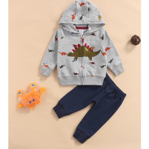 2Pcs Kids Tracksuits Clothes Dinosaur/Stripe Hooded Long Sleeves Sweatshirt Elastic Waist Casual Pants for Boys 3-24 Months