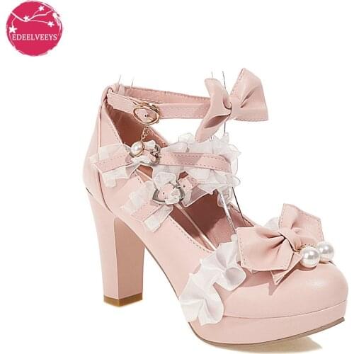 Cross Strap Women Spike High Heels Mary Jane Shoes Party Wedding Cosplay White Pink Lace Ruffles Bow Princess Lolita Pumps 34-46