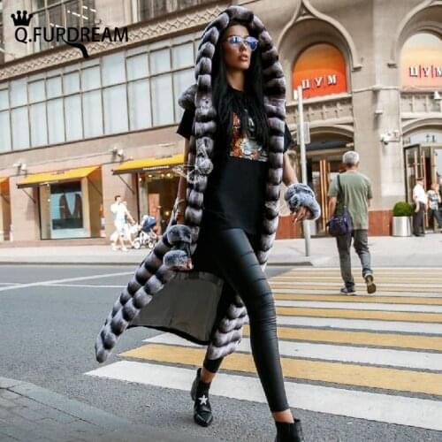 Q.FURDREAM 2020 New Long Real Rabbit Fur Coat Fashion Luxurious Chinchilla Color Winter Warm Whole Skin Outerwear Customize
