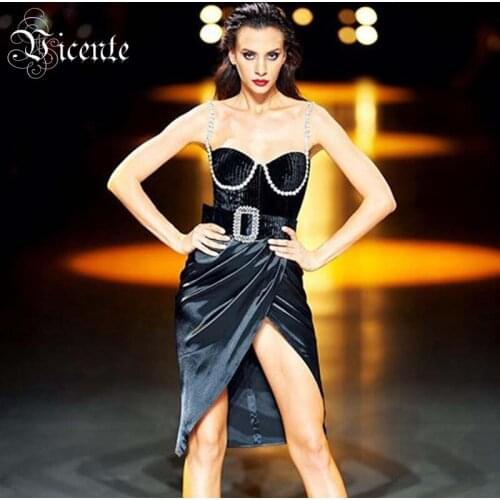 VC All Free Shipping New Trendy Elegant Crystal Design Sexy Sleeveless Celebrity Party Club Black Velvet Slip Dress
