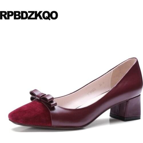 Suede Pumps Bow Cute Block Square Toe High Heels Designer Women Luxury 2021 Shoes Medium Footwear Wine Red Girls Trending Gray