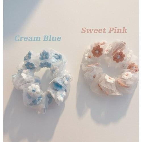 Sweet Embroidery Flowers Mesh Scrunchies Women Romantic Pink Blue Hair Rope Transparent Tulle Organza Hair Ties Hair Accessories