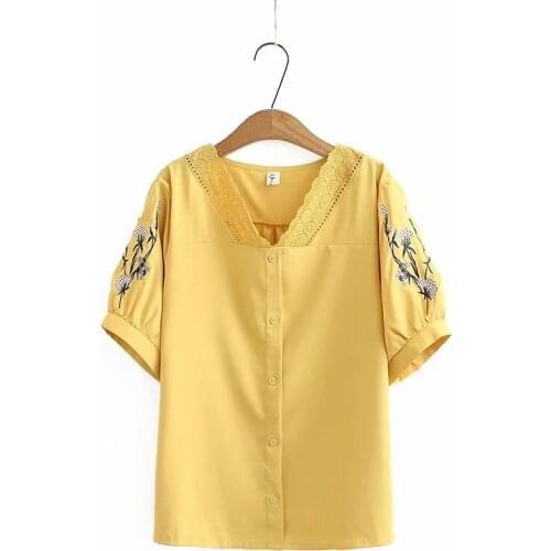 Plus size V neck embroidery short sleeve women loose tshirts 2020 new summer casual ladies soft cotton t shirts female tops