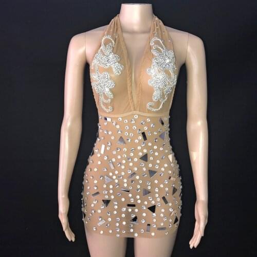 Silver Shining Crystals Mirrors Backless Dress Women Sexy Mesh Stage Costume Performance Singer Costume Big Stretch Outfit