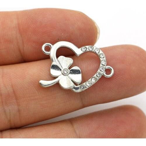 10PCS Antique Silver Plated Crystal Clover Heart Connectors for Making Bracelet DIY Jewelry Accessories 25x17mm