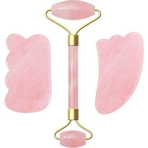 3pcs Natural Rose Quartz Jade Rollers Gua Sha Set Facial Massager For Face Massage Fat Reduction Tools Personal Use Or As A Gift