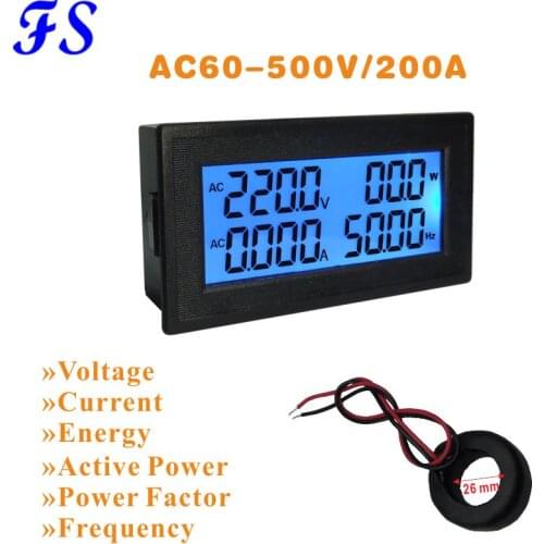 AC 200A Volt Amp Panel Meter LCD Digital Voltmeter Ammeter AC Voltage Current Meter Frequency Energy Meter AC 60-500V 220 380V