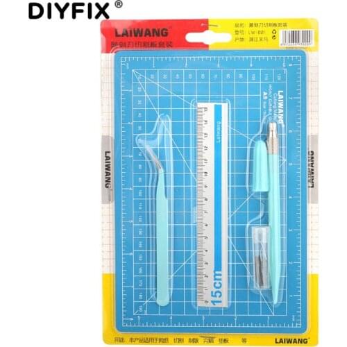 DIYFIX A5 PVC Art Engraving Pen Manual Cutting Mat Ruler Tweezers With Knief Blade Set Office Scrapbooking Stationery Tool Set