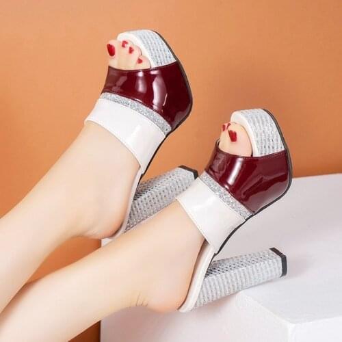 Rimocy Patent Leather Platform Sandals Women Fashion Crystal Sequin Super High Heels Shoes Woman Summer Sexy Party Slippers Lady