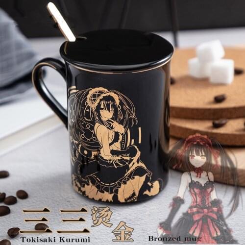 Anime DATE A LIVE Tokisaki Kurumi Water Cup Mug Cup Hot Stamping Ceramics Porcelain Cup Spoon+Cup lid Cosplay Gifts Cosplay