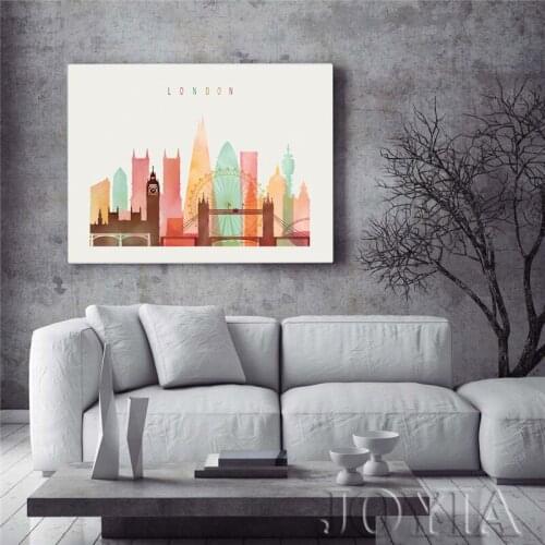 LONDON City Painting Picture Colorful Building Big Ben Cityscape Profile Poster Prints Watercolor Canvas Wall Art Large No Frame