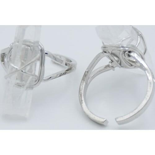 Silver Color Plated Cuff Opening Adjustable Ring Natural Clear Quartz White Crystal Stone Rings for Women Gifts Wedding Jewelry