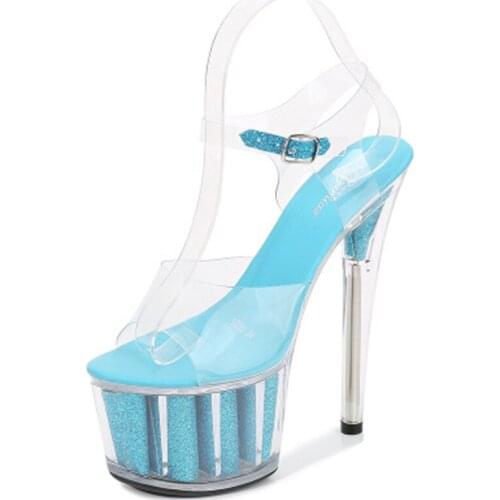 Model club car model shoes, super high heels 15-17cm thin heels, waterproof platform sandals transparent crystal sandals