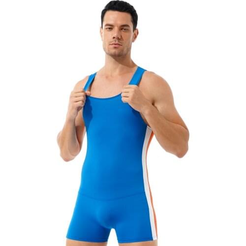 Mens Contrast Color Stripe Romper Bodysuit Sleeveless Round Neck Leotard Jumpsuit Stretchy Athletic Sportswear Wrestling Singlet