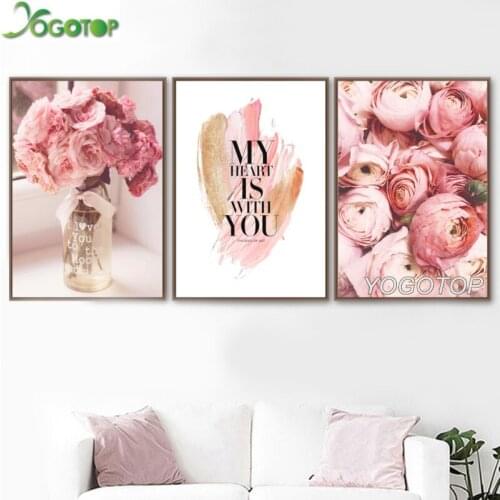 5D DIY Diamond Painting Nordic 5D Full Drill Mosaic Diamond Embroidery Pink Rose Flower Vase Love Quote Wall Art 3pcs ML951