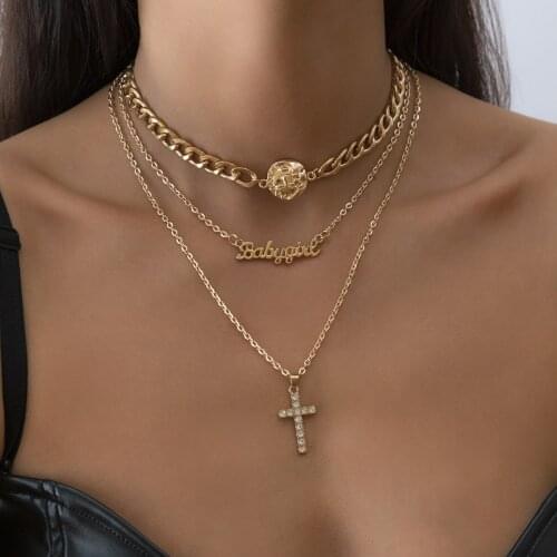 New Arrival Metal Cross Necklaces Womens Punk Enchase Diamond Letter Alloy Multilayer Pendant Necklaces Jewelry for Girls