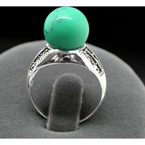 Wholesale good wholesale Rare 8mm Green Turquoise Beads Marcasite 925 Sterling Silver Ring #7/8/9/10 Fine Womans jewelry Genuin