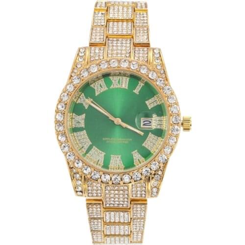 Hip Hop Luxury RRoman Numerals Diamond Mens Fashion Green Face Large Dial Quartz Watch