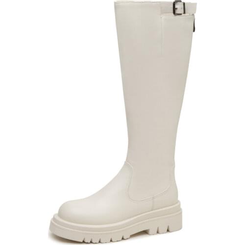 2021 New Winter Knee High Motorcycle Boots Fashion Female Platform Shoes Sexy Ladies Black Brown White Round Toe Buckle Boots