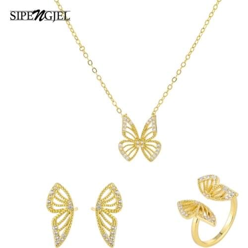SIPENGJEL Fashion Cubic Zircon Gold Butterfly Pendant Earrings And Ring Choker Necklace Set For Women Lucky Jewelry