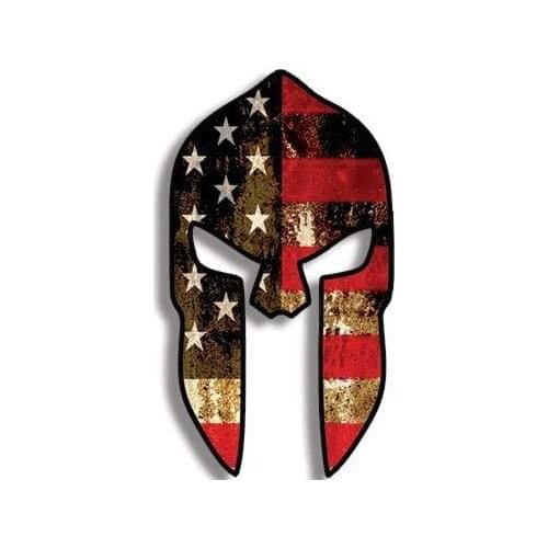 Spartan Helmet Shaped USA Flag Sticker (Distressed Gun Molon American ar15)