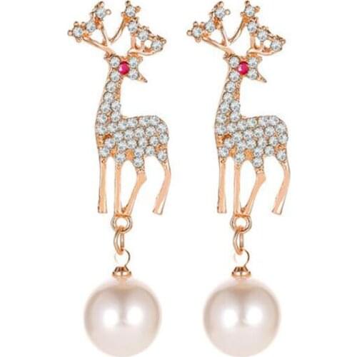 Rhinestone Crystal Christmas Elk Dangle Earrings for Women Imitation Pears Deer Drop Earrings Ear Drop Party Wedding Jewelry
