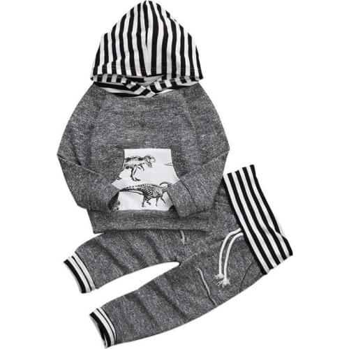 Spring Cotton Newborn Kid Baby Boy Dinosaur Print Clothes Set Long Sleeve Striped Hoodies Top Coat Long Pants Autumn Outfit