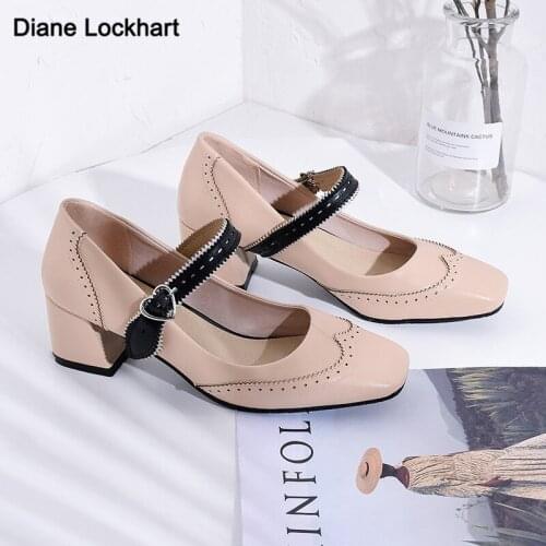 Spring 2021 Womens Loafers Shoes Retro Mary Jane Buckle Chunky Heel Casual Shoes for Women Ladies Girls Pumps Pink White Yellow