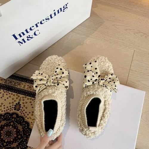 Women shoes bow Peas Shoes Female Wear Wild Warm Lazy shoes New Fashion A Pedal Casual Plush Shoes Winter U12-96
