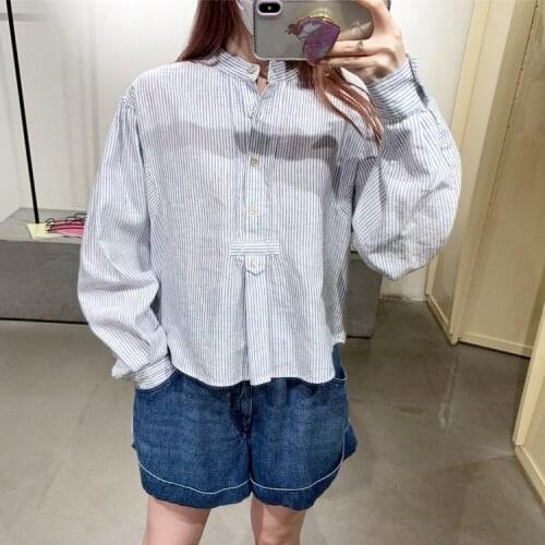 2021 Autumn Women Shirt New Striped Round Neck Buttoned Loose Simple Commuter Thin Long Sleeve Shirt
