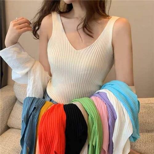 Womens T-Shirts Sleeveless Knitting Crop Tops Women V-Neck Tretchy T-shirts Stripes Tops Women Summer T Shirts 2021Many Colors