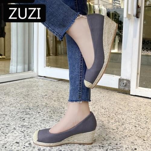 ZUZI Womens Wedge Sandals 2021 Spring and Autumn New Style Flock Middle Thick-heeled Platform Shoes Womens Straw Woven