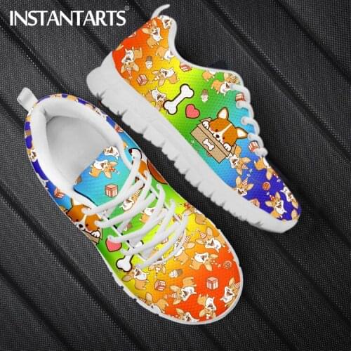 INSTANTARTS Cute Corgi And Dog Bone Love Cartoon Pattern Girls Flat Shoes Breathable Soft Casual Sneakers Women Lace up Footwear