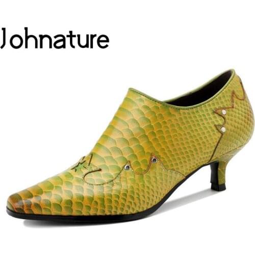 Johnature Genuine Leather Pumps Women Shoes Pointed Toe Retro Zip Print High Heels 2021 New Handmade Concise Ladies Shoes