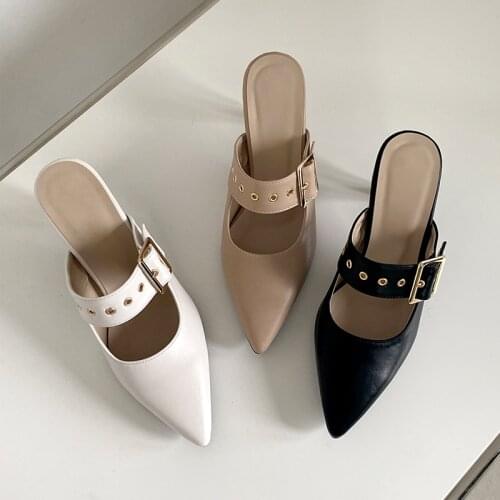 Baotou Half Slippers Womens 2020 Fashion All-match Belt Buckle Pointed High Heel Retro Mule Shoes Thin Heeled Slippers