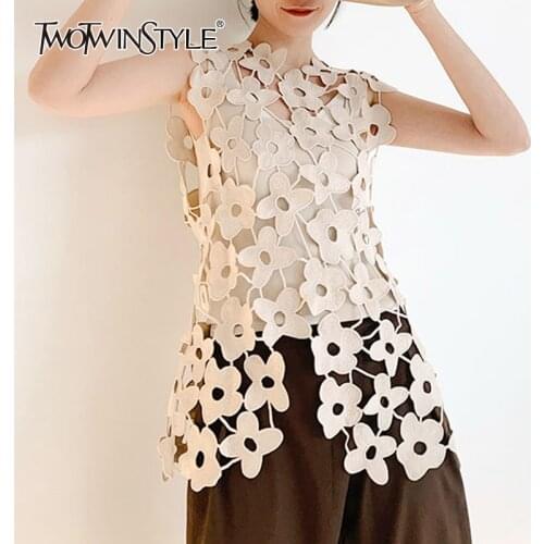 TWOTWINSTYLE Casual Apricot Embroidered Vests For Women O Neck Sleeveless Korean Straight Tank Tops Female Clothes Fashion Style