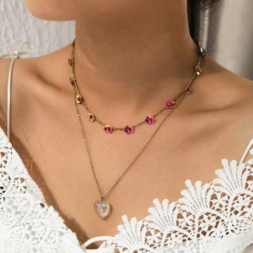 Chic Creative Plastic Flower Heart Pendant Necklace for Women Double Layer Geometric Clavicle Necklace Pendants Jewelry Kolye