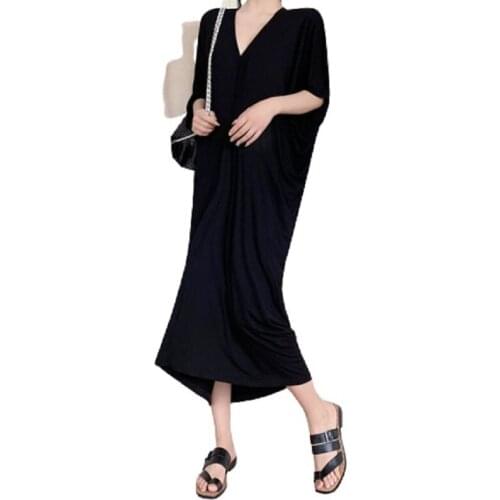 PERHAPS U Women Elegant Casual Black High Elasticity Batwing Sleeve V-Neck Pleated Pullover Loose Ankle Length Dress D3050