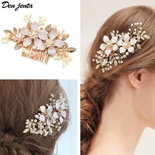Gold Flowers Leaves Hand made Pearl Hair Combs Bridal Tiara Wedding Hair Accessories Headdress