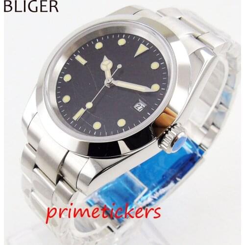 39mm sterile black dial automatic leaf pattern sapphire glass stainless steel strap polished case mens watch date