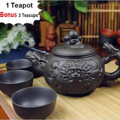 Authentic 4 Pcs Kung Fu Tea Set [1 Teapot + 3 Cups] 360ml Dragon Kettle Infuser Yixing Teapots Handmade Zisha Ceramic Porcelain