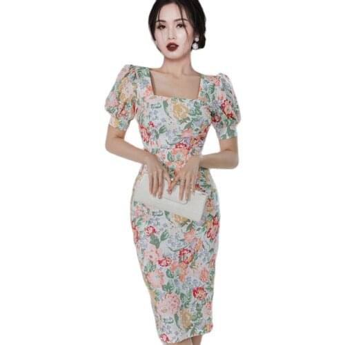 Elegant print tight Dress one piece kroean ladies Summer Short SLeeve square neck cabaret party Dresses for women