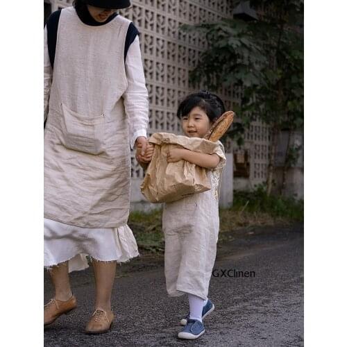 Pure LINEN Japanese Simple Style Apron Woman Kids Cross Back Apron No Ties Solid Color Simplicity Pinafore Kitchen Household