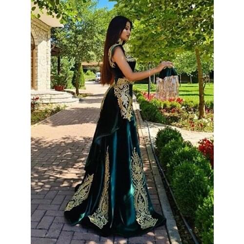 GY 4 Pieces Velvet Evening Dress Removable Skirt Arabic Split Prom Gowns Appliques Lace Tassel High Neck Algerian Outfit