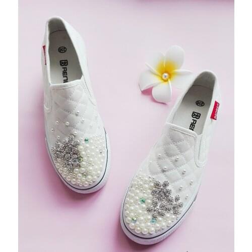One-pedal canvas shoes, womens single shoes, platform platform shoes, handmade crystal flat shoes with diamonds
